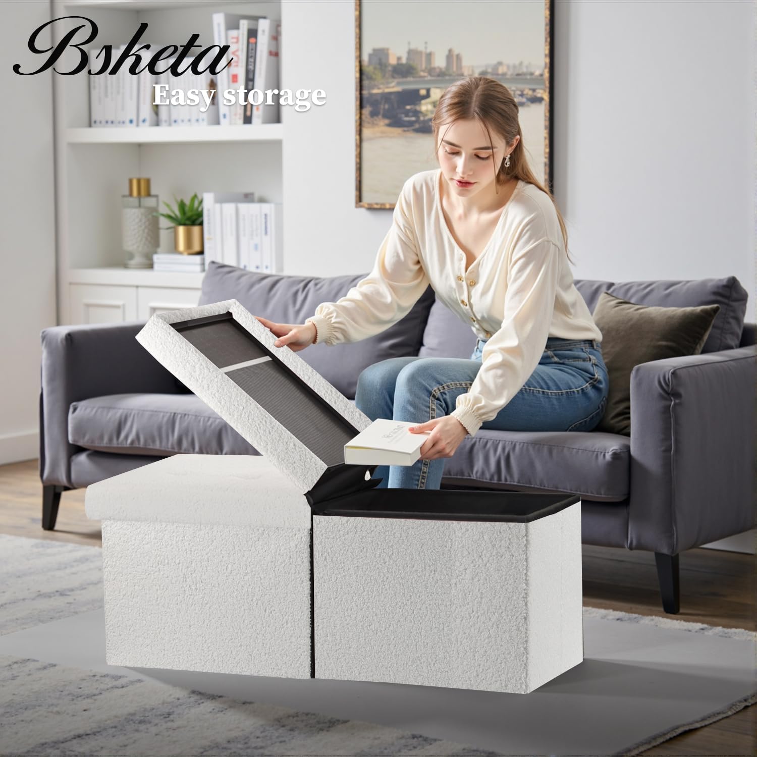 Bsketa Storage Ottoman Bench, 34" Folding Velvet Foot Rest Stool, White | Large Ottoman with Storage, Thicker Foam Padded Seat, Livingroom, Dorm, Bedroom, Easy to install, 86L,34 x 13 x 13in