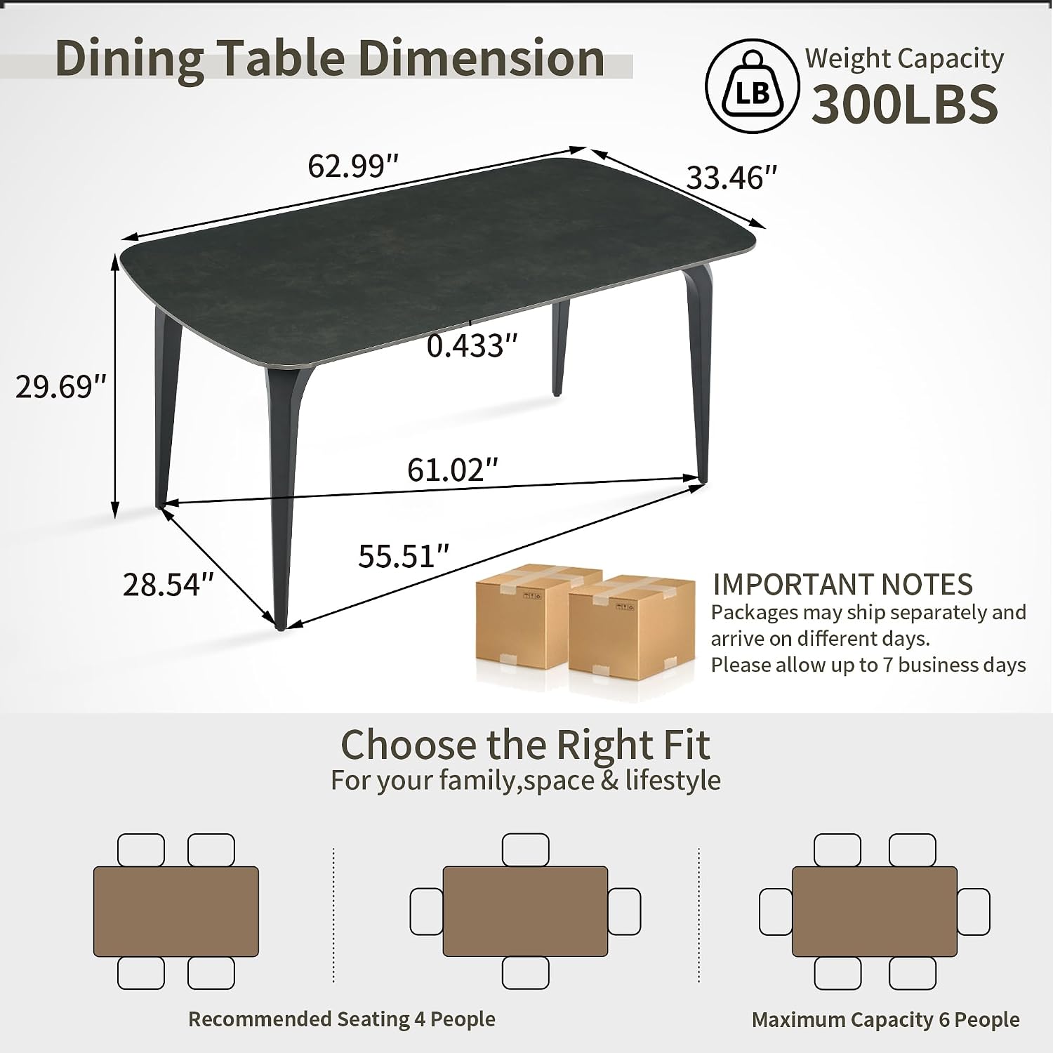 Modern Rectangular Dining Table,63”Sintered Stone Dining Table for 4-6, Black Stone Top with Carbon Steel Frame for Small Space,Kitchen Office,Apartment,Cafe