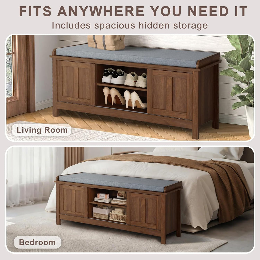 2-Tier Shoe Storage Bench,43" Wooden Shoe Cabinet with Sliding Doors,Walnut Shoe Bench with Adjustable Shelves,Storage Bench for Entryway,Hallway,Bedroom