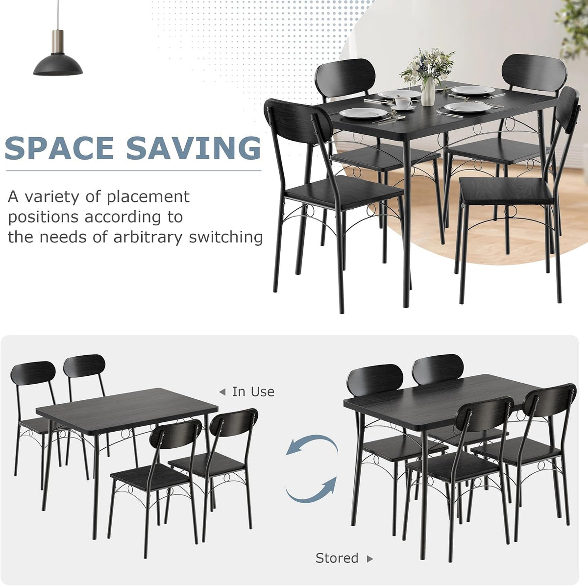 VECELO Dining Table Set for 4, 5-Piece Kitchen Table with 4 Chairs, MDF Board Tabletop with Metal Frame for Small Space, Compact Dinette, Breakfast Nook, Matte Black