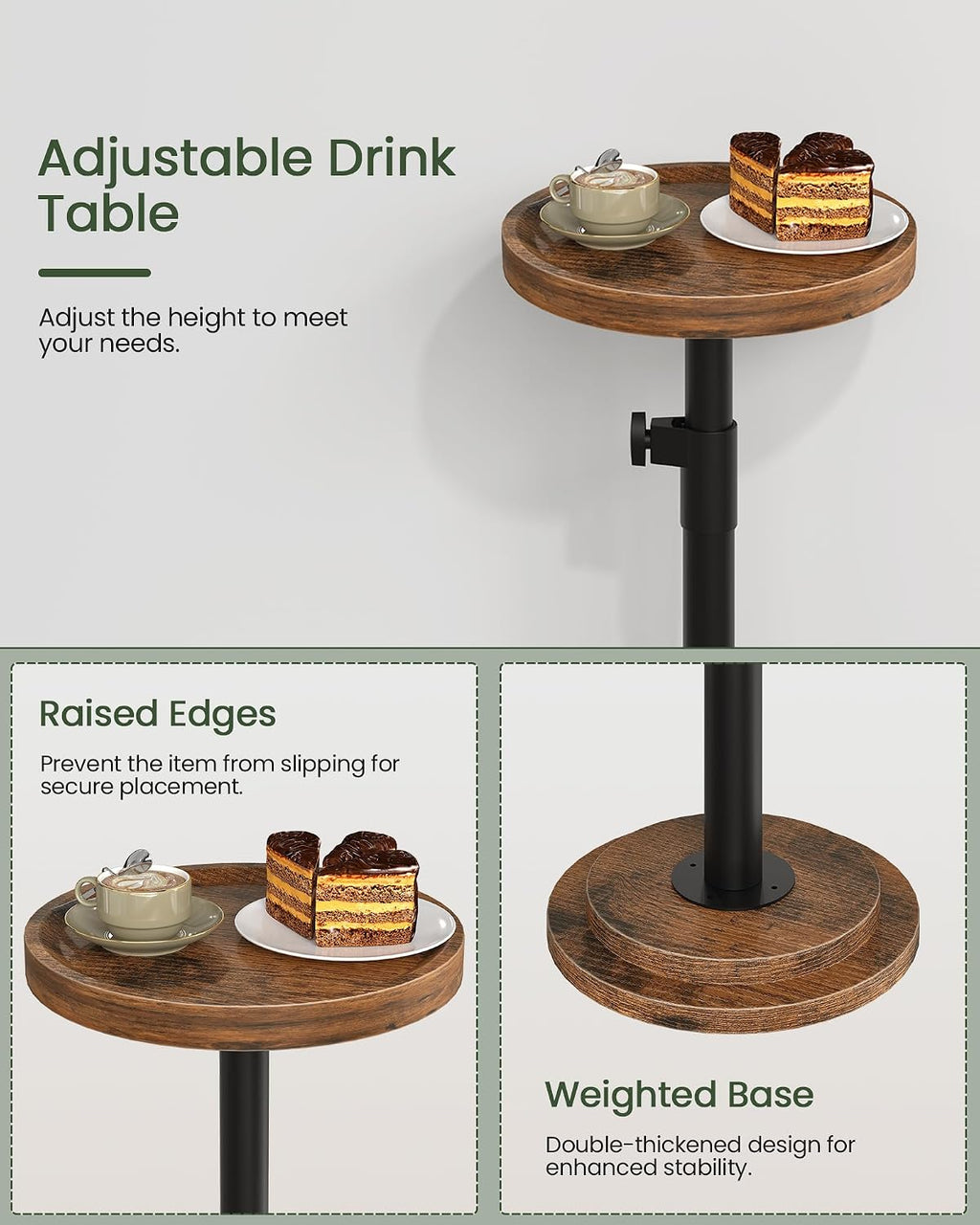 CHOEZON Height Adjustable Drink Table, Small Round Side Table, Pedestal Martini Table with Thickened Base, for Small Space, Sofa, Couch, Living Room, Bedroom, Rustic Brown and Black TBZ31BF