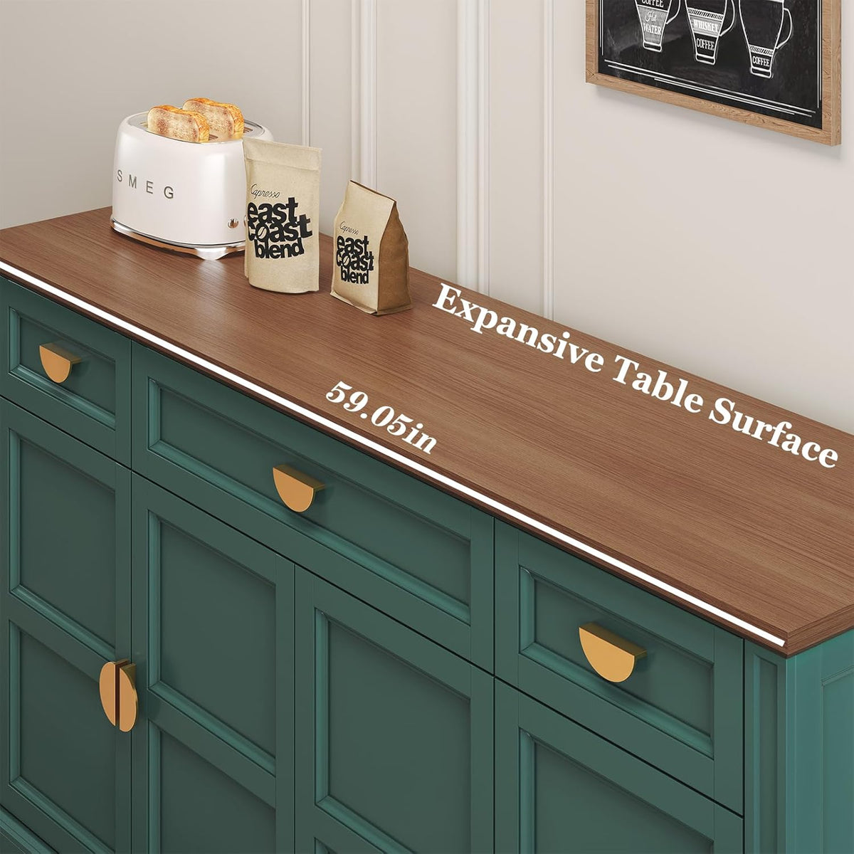 HLR 60” Large Buffet Sideboard Cabinet with 4 Doors and 3 Drawers Shaker Style, Coffee Bar Storage Cabinet for Dinning Room, Kitchen, Living Room, Green