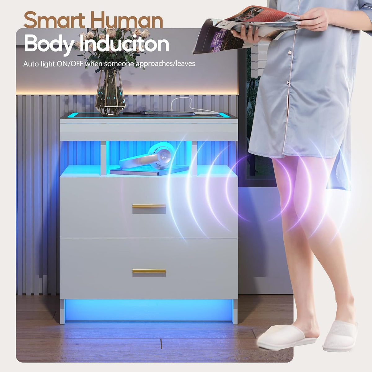 LED Nightstand Set 2 with Charging Station,Motion Senor,White | Night Stand with 2 Drawers,Glass Top Smart BedSide Table,Modern End Table Side for Bedroom,Living Room,Office