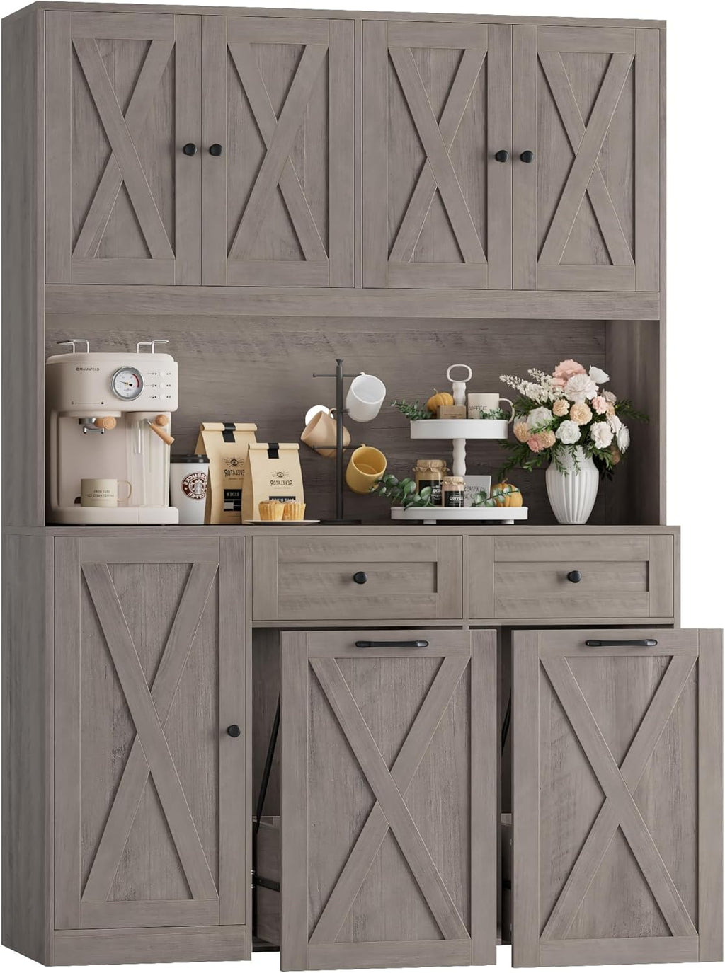 HOSTACK 71" Kitchen Pantry with 12.5 Gallon Double Trash Can Cabinet, Grey | Farmhouse Garbage Can Cabinet with Pull Out Trash Can Storage, 47"W Kitchen Hutch with Hidden Garbage Storage for Dining Room