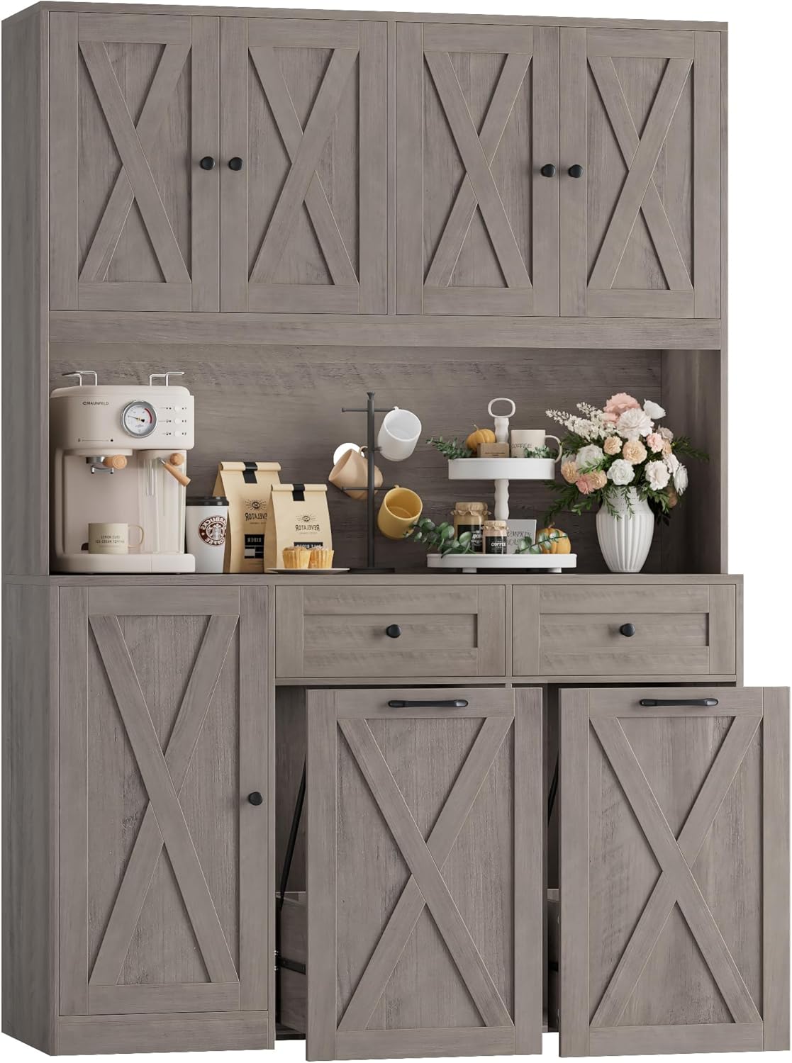 HOSTACK 71" Kitchen Pantry with 12.5 Gallon Double Trash Can Cabinet, Grey | Farmhouse Garbage Can Cabinet with Pull Out Trash Can Storage, 47"W Kitchen Hutch with Hidden Garbage Storage for Dining Room