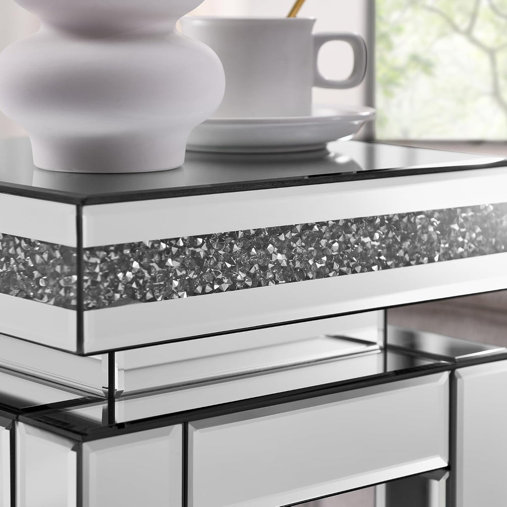 IKIFLY Mirrored Nightstand with Storage, Silver End Table with Square Tabletop, Accent Beside Table with Crushed Diamond for Living Room, Bedroom and Office