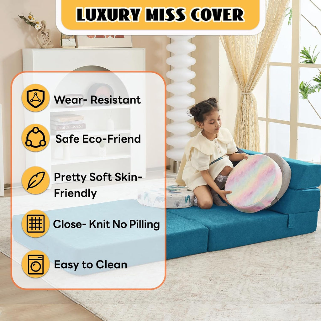 jela Foldable Sofa Bed, Convertible Sleeper Lounge Chair Floor Mattress Floor Couch with Backrest, Fold Out Futon with Washable Miss Fabric Cover for Guest Room, Living Room (83"x33",Teal)