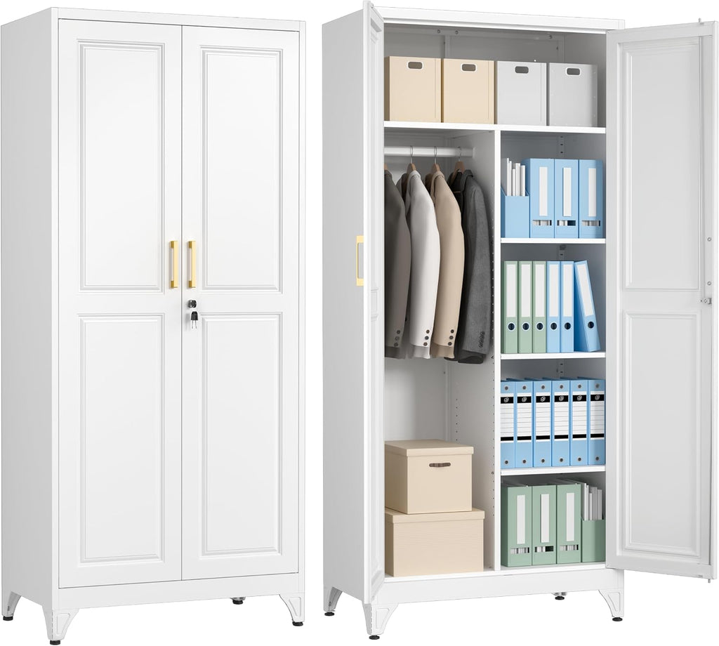 Polup 71" Tall Metal Armoire Wardrobe Closet with Doors and Lock | Wardrobe Cabinet, Hanging Rod, 3 Adjustable Shelves, Steel Clothing Storage Cabinet for Bedroom, Office, Employee, Gym, White