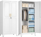 Polup 71" Tall Metal Armoire Wardrobe Closet with Doors and Lock | Wardrobe Cabinet, Hanging Rod, 3 Adjustable Shelves, Steel Clothing Storage Cabinet for Bedroom, Office, Employee, Gym, White