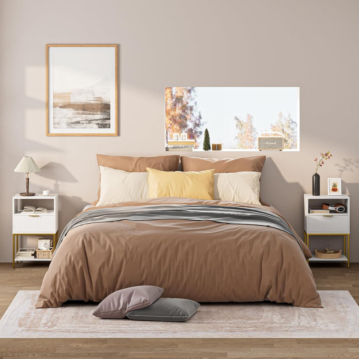 Nightstand,Modern Bedside Table with One Drawer and Two Shelf，White Night Stand，Tall End Table with Gold Frame for Bedroom,Living Room,Wave