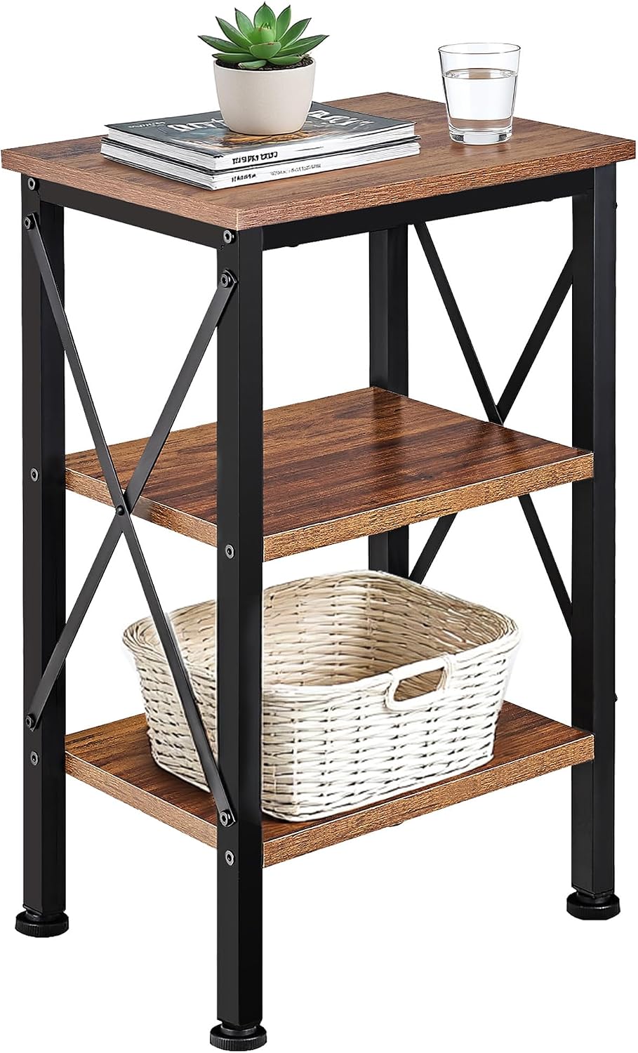 VECELO End Side Table Night Stand,X-Design with Storage Shelf for Bedroom,Living Room,Brown
