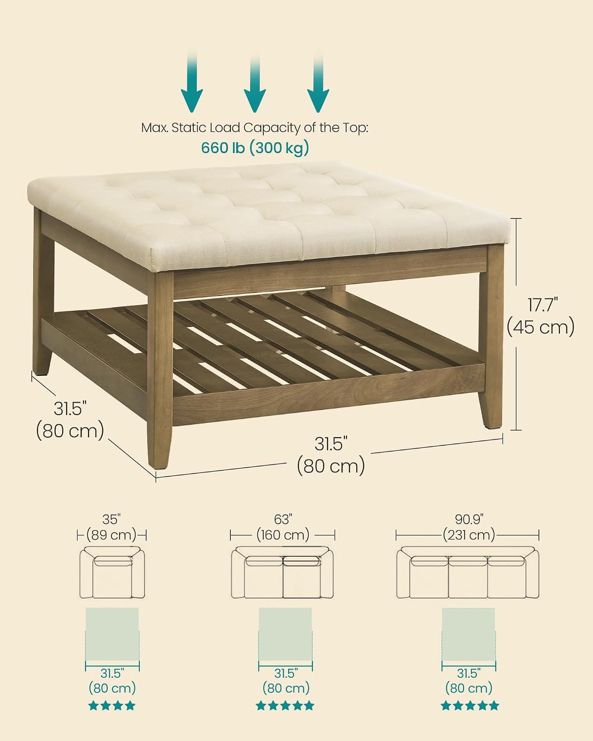 SONGMICS Storage Ottoman with Solid Wood Frame, Square Upholstered Ottoman Coffee Table, Footrest, Tufted Cushion, for Living Room, Easy Assembly, 31.5 x 31.5 x 17.7 Inches, Summer Sand ULSF008LF01