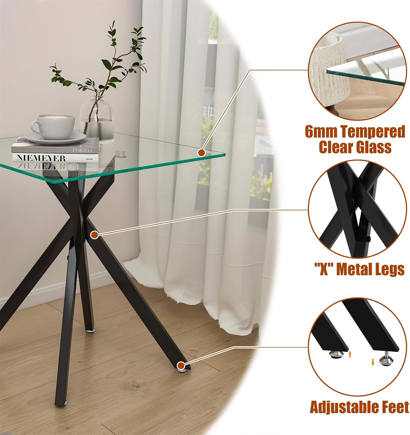 Modern Square End Table with Glass Top, Glass End Side Table for Living Room Office, 17.72 x 17.72 x 20.87 inches, Black Metal X-Base, Adjustable Feet (2, Black)