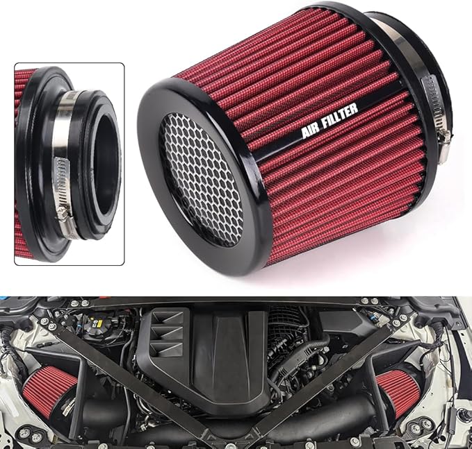 4-Inch Cold Air Intake Filter - Washable, High Performance, 3" or 3-1/2" or 4" Clamp-On Replacement Cone Air Filter Universal 3 Sizes in 1 Red