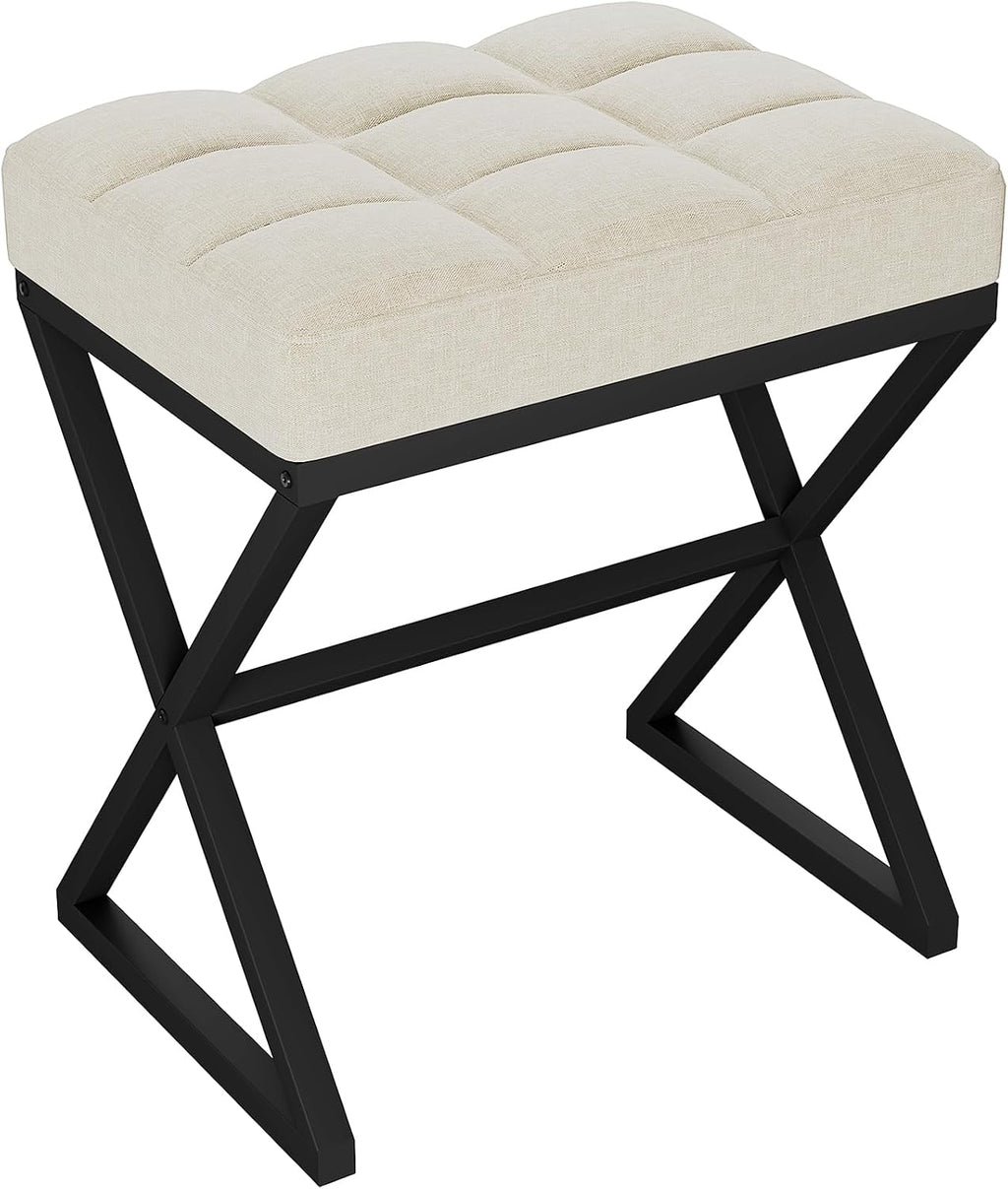 YMYNY Vanity Stool, Linen Footrest Stool, Ottoman Bench with X-Shaped Metal Legs, Makeup Dressing Stool for Vanity, Living Room, Bedroom, Entryway, Hallways 15.74" D×11.81" W×18.11" H Beige UHBD033Y
