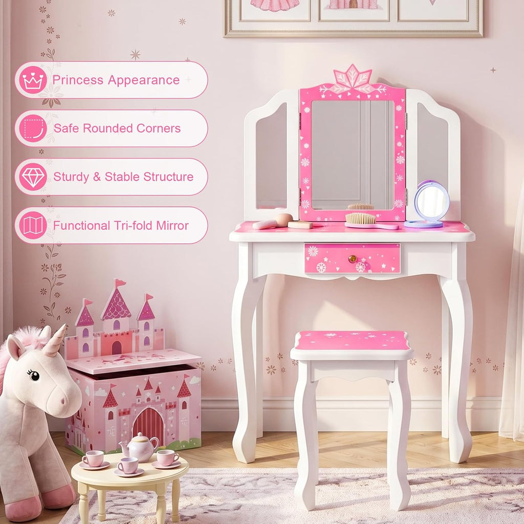 JOYMOR Kids Vanity Set, Wooden Princess Makeup Table with Stool, Tri-Folding Mirror, Large Drawer, Solid Wooden Legs, Beauty Make Up Dressing Set for Girls Best Gift (Pink)