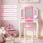 JOYMOR Kids Vanity Set, Wooden Princess Makeup Table with Stool, Tri-Folding Mirror, Large Drawer, Solid Wooden Legs, Beauty Make Up Dressing Set for Girls Best Gift (Pink)