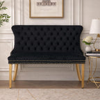 Velvet Dining Loveseat Bench with Wing Back, 2-Seat Tufted Bench with Gold Stainless Steel Legs, Mid-Century Modern Dining Bench with Back, Indoor Velvet Bench for Kitchen, Dining Room, Entryway