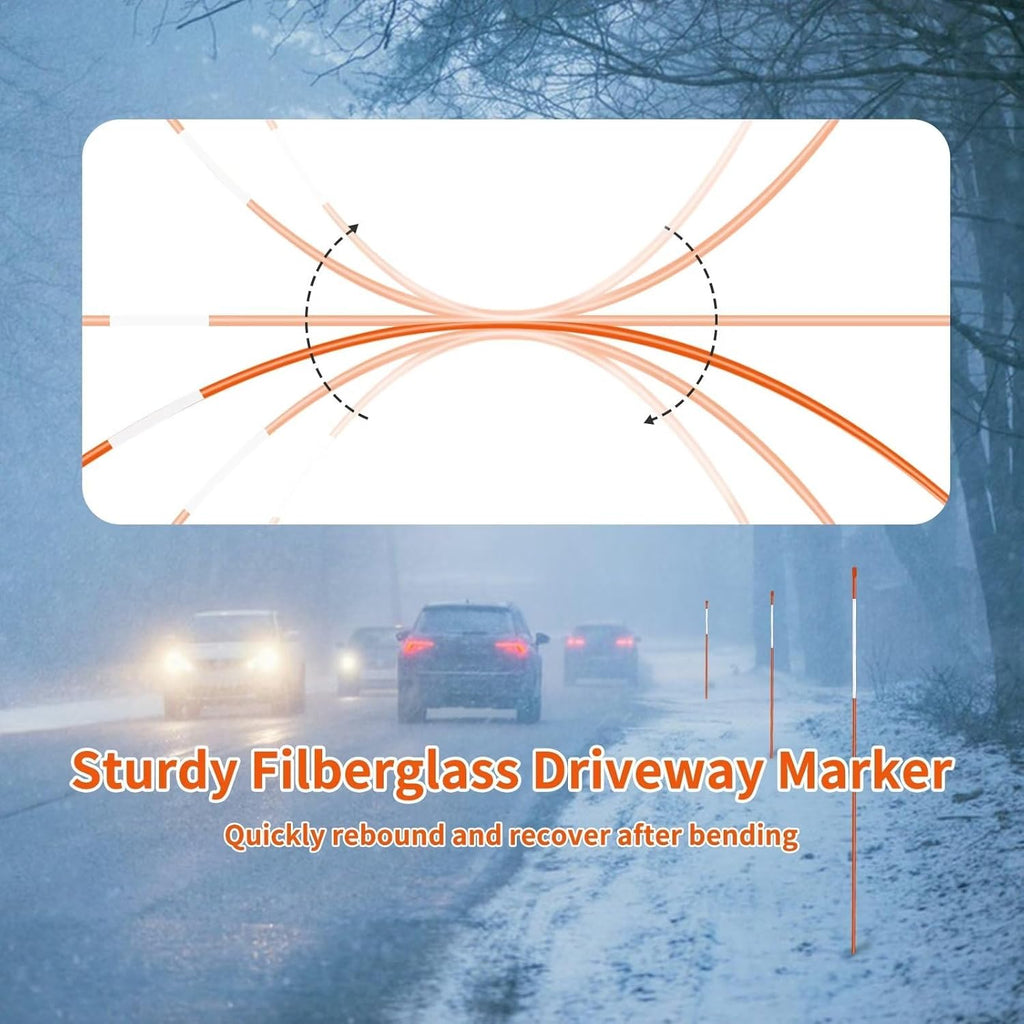 Growsun Driveway Marker 48 inch Orange Fiberglass 5/16 inch Dia Snow Fence Reflective Plow Stakes for Yard Walkways Parking Lots Safety Rods Edge, 100 Pack