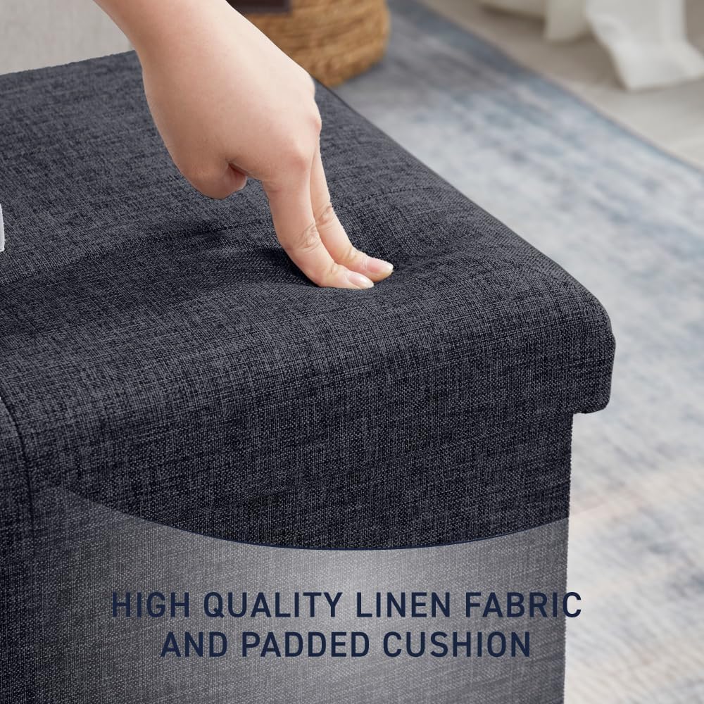 Ornavo Home 43 Inch Folding Extra Large Storage Bench, Linen, Black | Upholstered Tufted Ottoman with Lid; Foot Rest Stool; Ideal for Bedroom, Living Room or Entryway