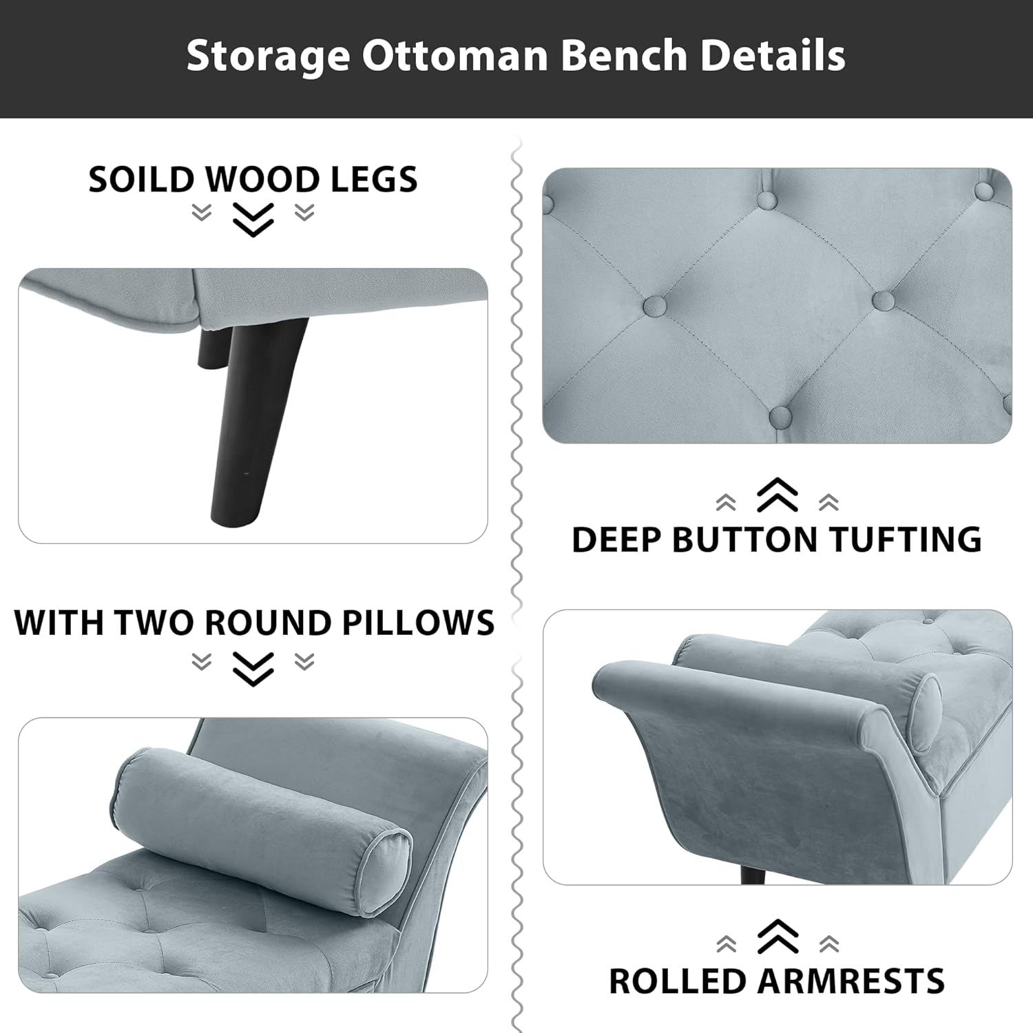 Velvet Bench for Bedroom End of Bed, 60.5 inch Upholstered Button Tufted Ottoman Bench with Rolled Arms, Button-Tufted Ottoman for Living Room, Entryway (Light Grey)