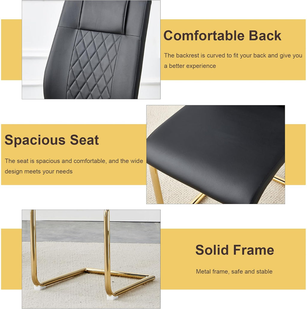 TesNus 7 Pieces Dining Table Set,63" Marble Kitchen Room Table with 6 Black Chairs,Rectangle Sintered Stone Top with Gold Legs,Large Dining Set for 6 Person for Kitchen Dining Room