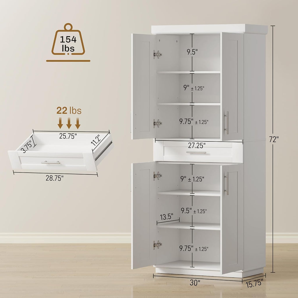HOMCOM 72" Kitchen Pantry Cabinet Freestanding Storage Cabinet White | 4 Doors, Drawer, 3 Adjustable Shelves, for Dining Room