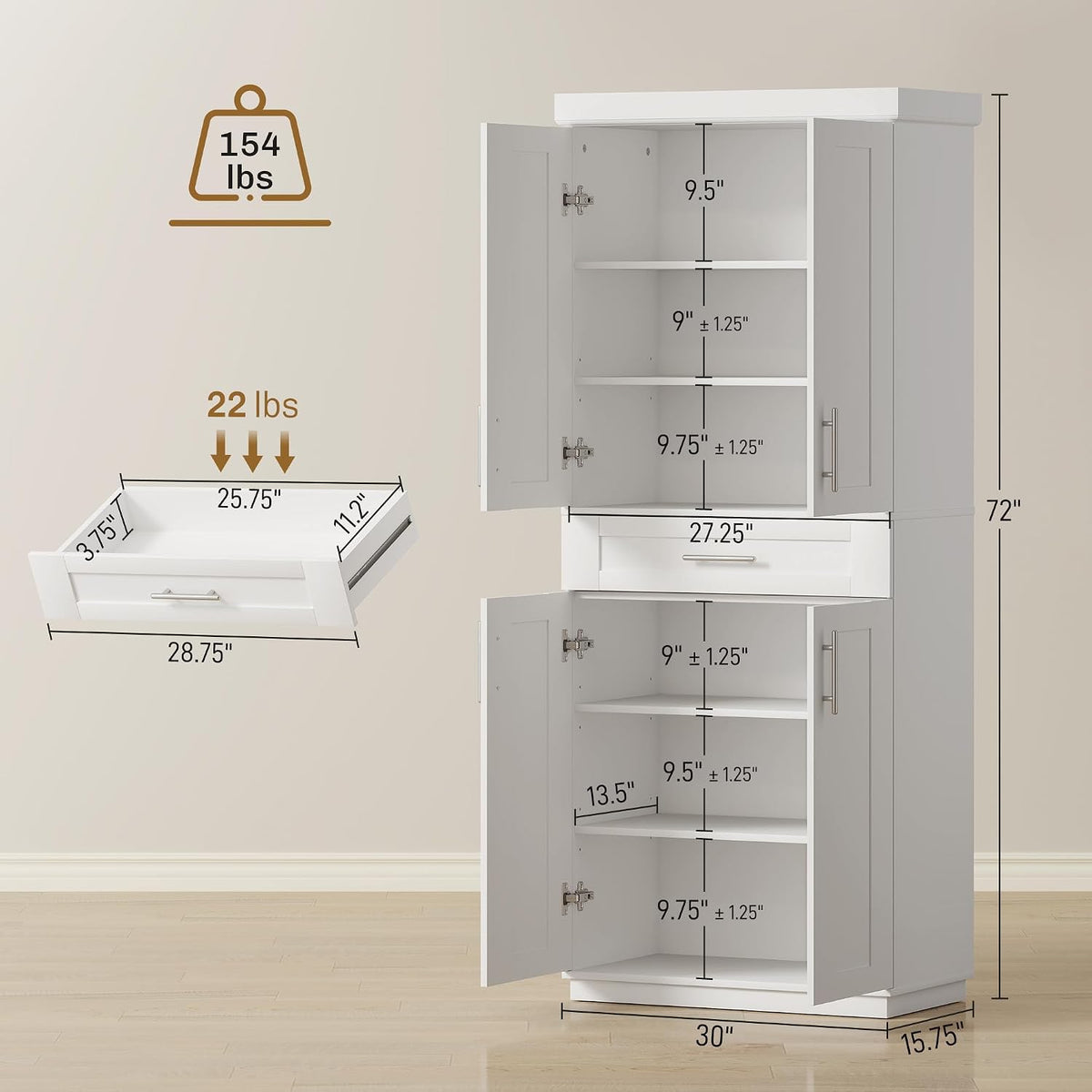 HOMCOM 72" Kitchen Pantry Cabinet Freestanding Storage Cabinet White | 4 Doors, Drawer, 3 Adjustable Shelves, for Dining Room