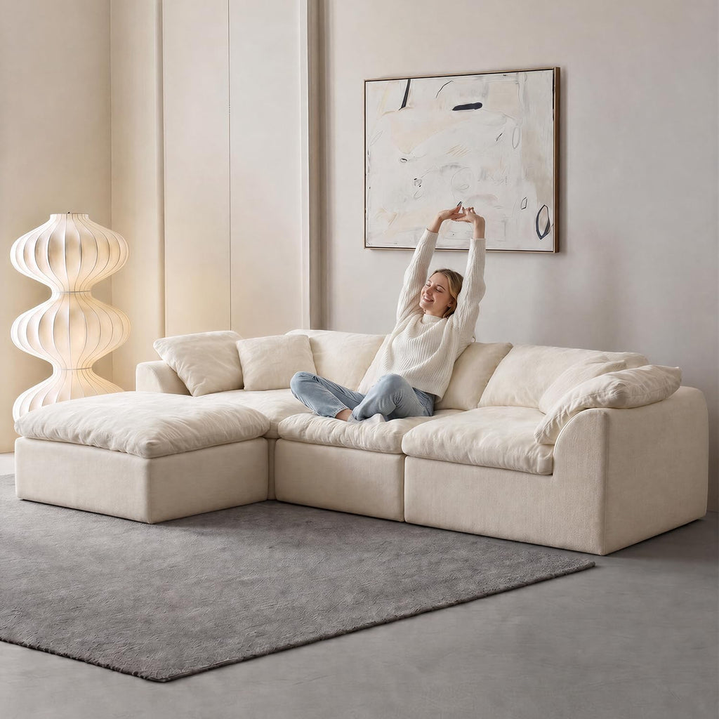 Oversized Cloud Couch Sectional Sofa for Living Room, Modular L Shaped Chenille Sofa with Chaise Lounge, Deep Seat Convertible Couch, Compressed No Assembly Floor Sofa (White)