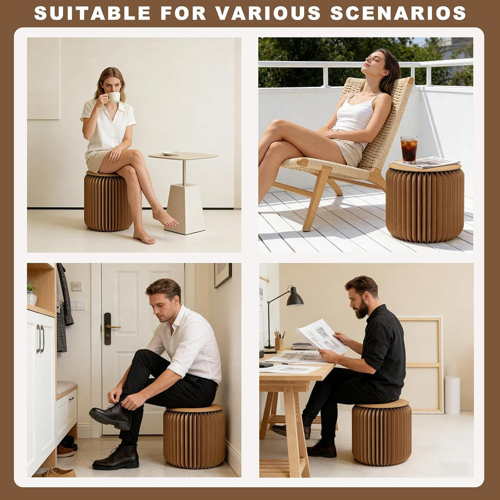 Foldable Stool — Paper Foldable Stool,Folding Paper Stool, (Book-Sized) ，11 Inches High ，Made from Eco-Friendly Kraft Paper ， Ideal for Home & Travel ， Supports Up to 660 lbs ，Brown