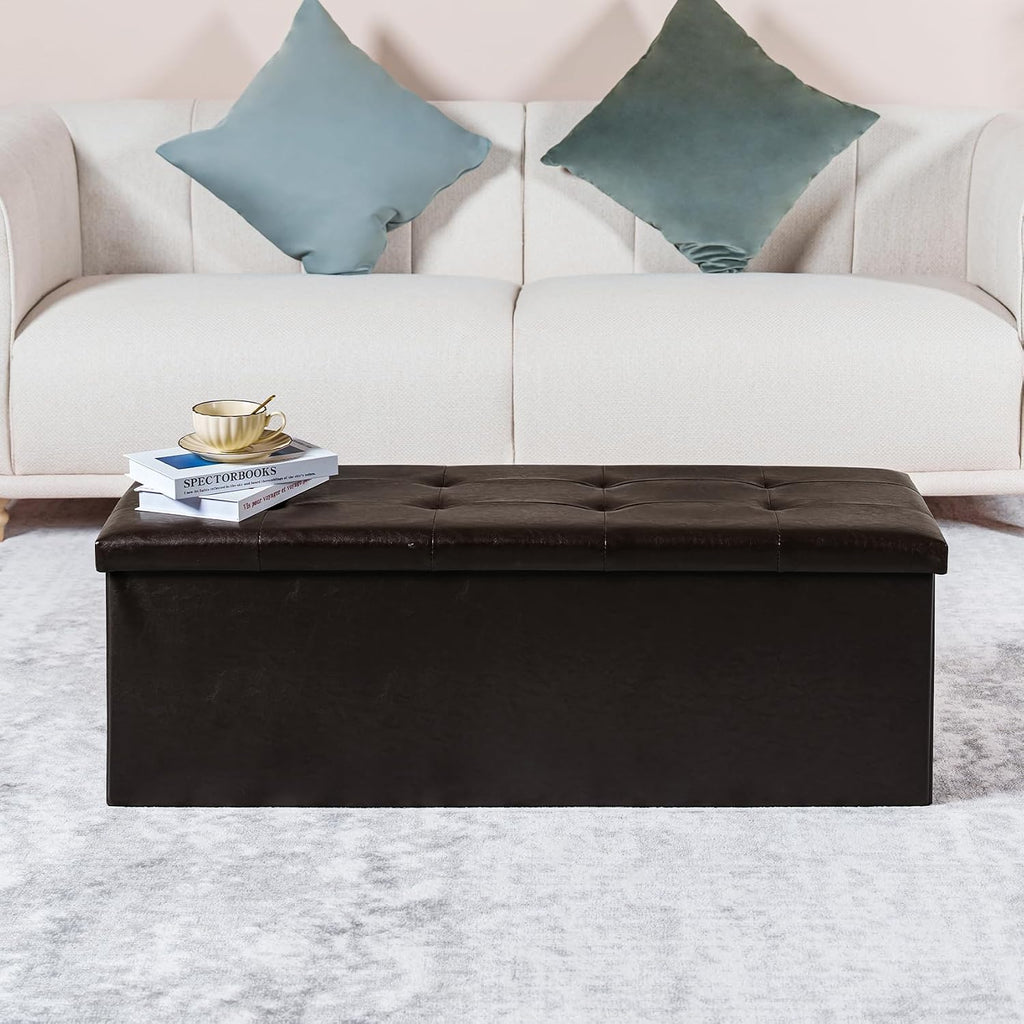 PINPLUS Folding Storage Ottoman Bench, Brown Faux Leather | Storage Chest with Comfortable Seat, Footrest Stool and Bench for Bedroom, Hallway and Living Room, 43.3 Inch