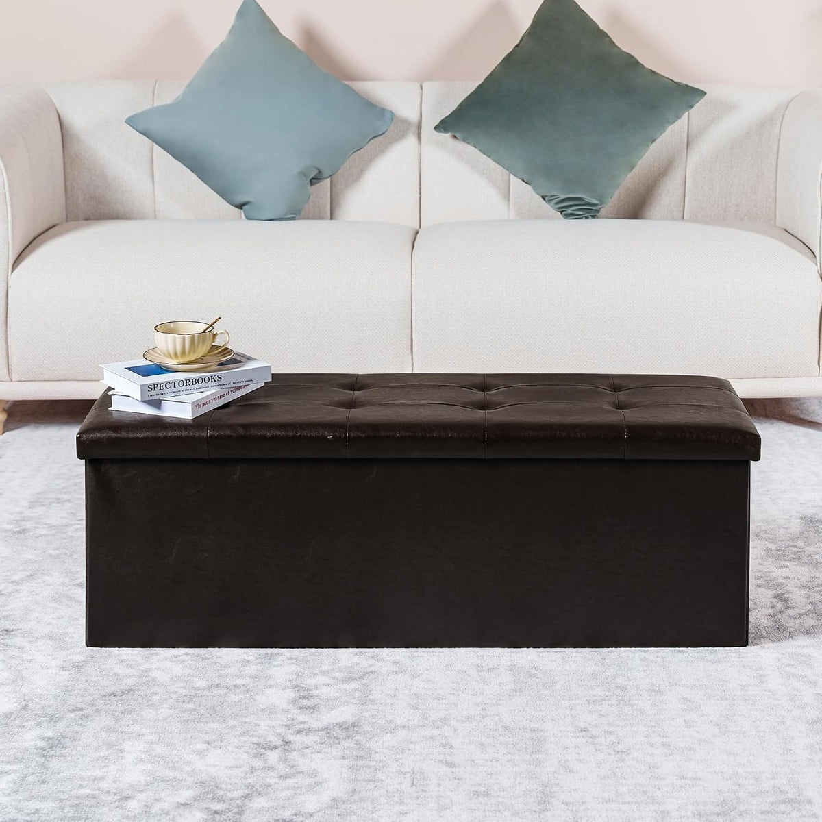 PINPLUS Folding Storage Ottoman Bench, Brown Faux Leather | Storage Chest with Comfortable Seat, Footrest Stool and Bench for Bedroom, Hallway and Living Room, 43.3 Inch