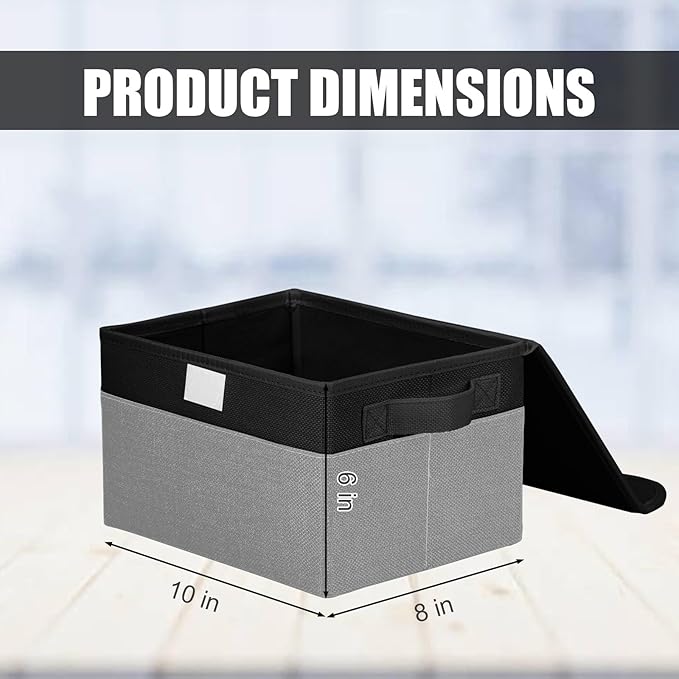 Small 8 Quart Linen Fabric Foldable Storage Bin Cube Organizer Basket with Lid & Handles, Collapsible Decorative Box Container for Home, Dorm, Closet, Black & Gray, 10"x8"x6", 6-Pack