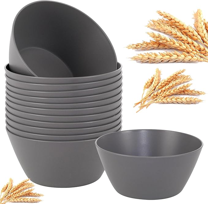 supernal 12PCS Dark Grey Wheat Straw & Hard Plastic Bowls - Reusable Soup Bowls,Unbreakable Fridge/Dishwasher Safe Bowl for Catering,Hot Food,Holiday Meals,Cereal,Ramen (Disposable Snack Bowl)