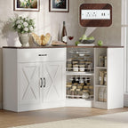 Corner Cabinet w/Charging Station, Kitchen Pantry w/Lazy Susan Turntable | Farmhouse Food Pantry Cabinet w/Drawer & Doors & Adjustable Shelf, L-Shaped Sideboard for Dining Room (White)