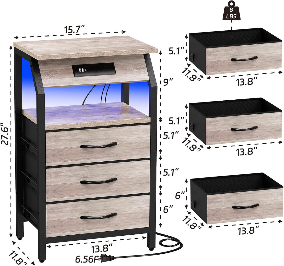 SZLHANJZ End Table with 3 Drawers, Night Stand with Charger Station and LED Lights, Small Nightstand with Fabric Storage, Farmhouse Side Table for Bedside, Living Room, Dorm, Greige