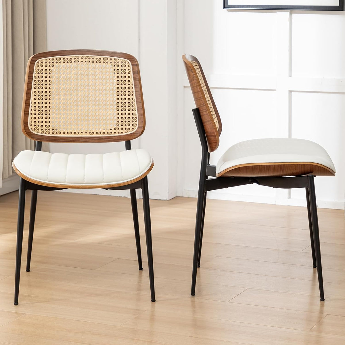 Rattan Dining Room Chairs Set of 2, Mid Century Modern Kitchen Ktichen Chairs,Faux Leather Walnut Wood Finish Side Chair, Metal Legs Desk Chair with Rattan Backrest,White