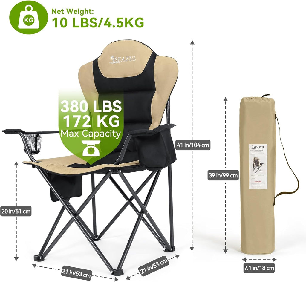 Camping Chairs for Adults, Heavy Duty Camping Chairs 2 Pack, Folding Chairs for Outside, Support 380 LBS, Portable Travel Outdoor Camp Chair with Cup Holder & Cooler Bag, Sports Chairs, Khaki