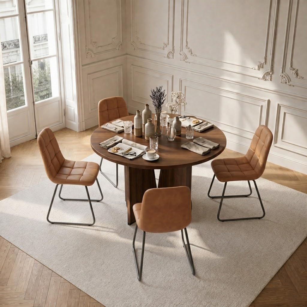 HIPIHOM Modern Round Dining Table Set for 4, 39.4" Walnut Kitchen Table with 4 PU Leather Chairs, 5-Piece Mid-Century Dining Room Set for Small Spaces, Pedestal Base