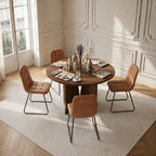 HIPIHOM Modern Round Dining Table Set for 4, 39.4" Walnut Kitchen Table with 4 PU Leather Chairs, 5-Piece Mid-Century Dining Room Set for Small Spaces, Pedestal Base