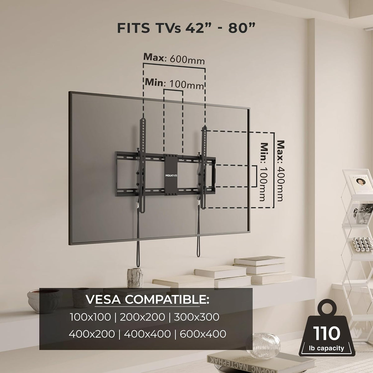 Mount-It! Tilting TV Wall Mount Bracket for 42-80 Inch TVs | Universal TV Mount with Low Profile Design, Supports 110 lbs | Quick Release Lock | Fits 16" & 24" Studs | Max VESA 600x400mm