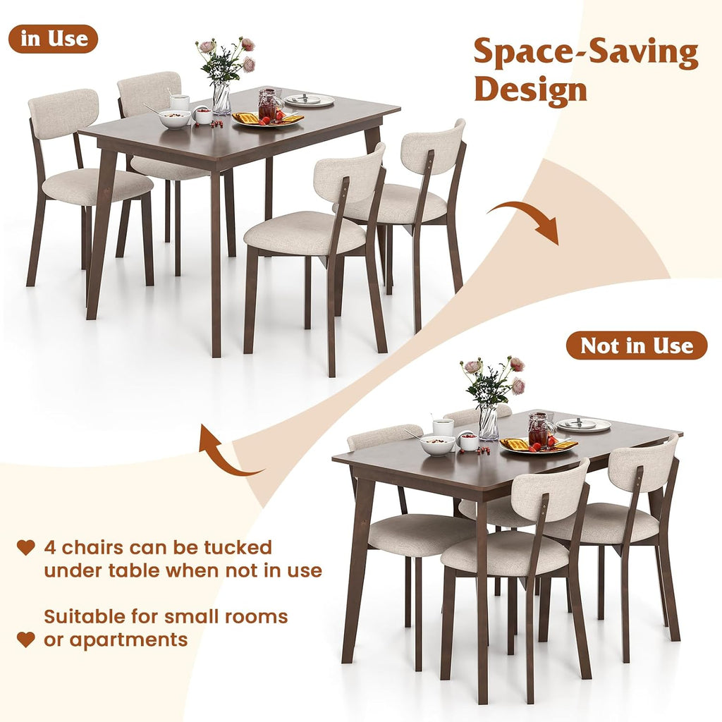 GOFLAME 5-Piece Dining Table Set for 4, Farmhouse Kitchen Table & 4 Upholstered Chairs with Rubber Wood Frame, Padded Seat, Curved Backrest, Space-Saving Dinette Set for Dining Room, Small Space