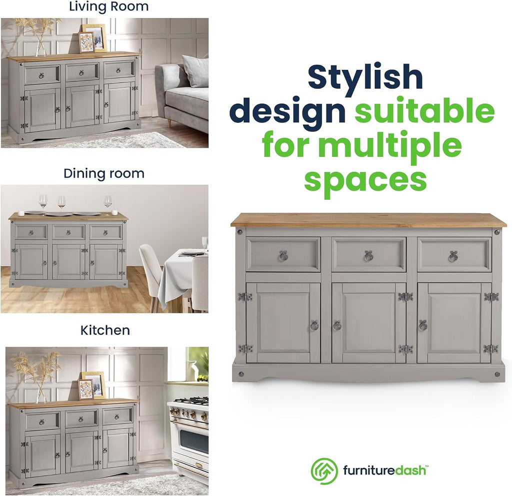 Furniture Dash Rustic Grey 6-Compartment Cabinet – Solid Wood Console Table with Storage Drawers & Doors for Dining, Kitchen, or Entryway Use