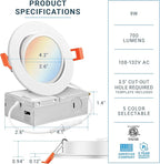 PARMIDA (6 Pack) 4 Inch LED Gimbal 5CCT Recessed Lighting, Directional Adjustable Canless Ceiling Light with J-Box, 2700K-5000K 5 Color Selectable, 9W, Eyeball Ultra-Thin Slim Panel, Dimmable, ETL