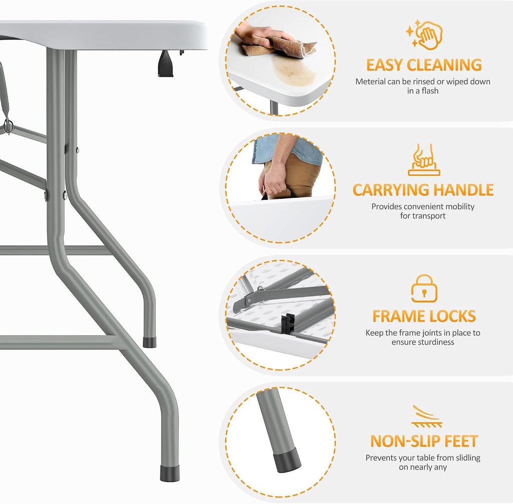 Fenbeli Upgraded 18% Thickened Folding Table 6ft Made of HDPE Plastic | Heavy Duty (25lb), Stable Thicker Legs, Dining Indoor Outdoor for Camping, Picnic and Party (Pearl White, 6FT)