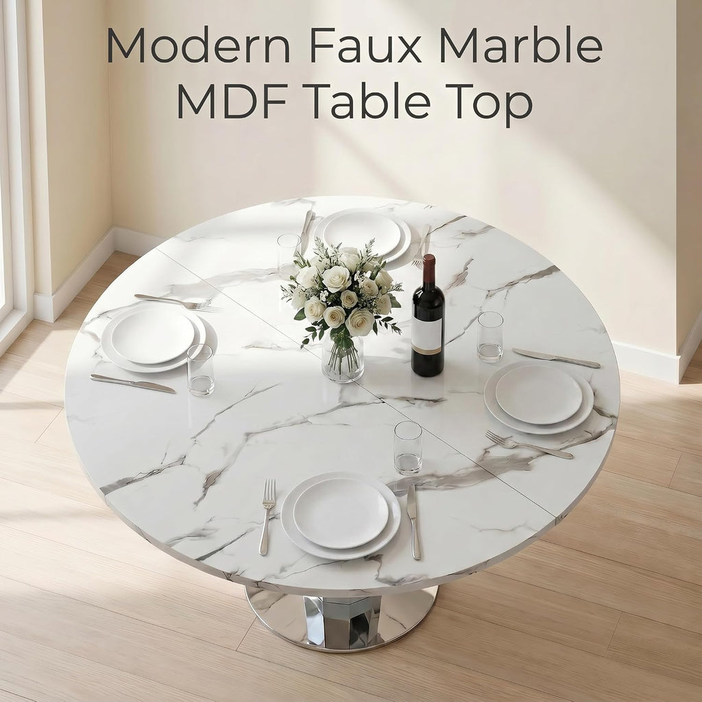 Henf Modern Round Dining Table for 4-6 White Silver 47" Faux Marble Kitchen Table with Diamond-Shape Mirrored Stainless Steel Legs, Contemporary Modern Circle Dining Room Table (Table Only)