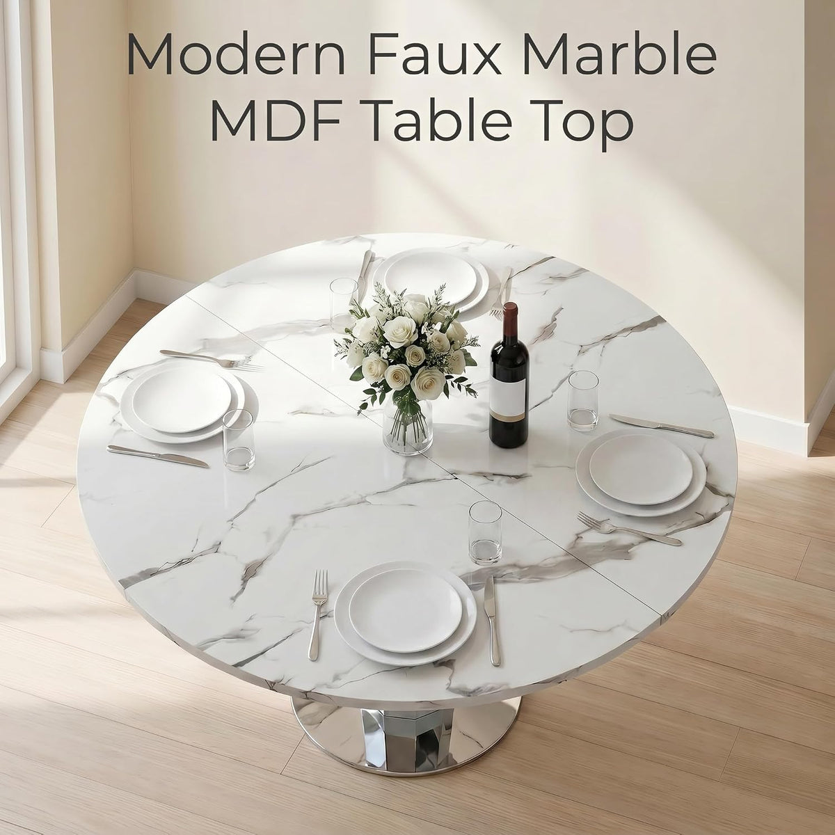 Henf Modern Round Dining Table for 4-6 White Silver 47" Faux Marble Kitchen Table with Diamond-Shape Mirrored Stainless Steel Legs, Contemporary Modern Circle Dining Room Table (Table Only)