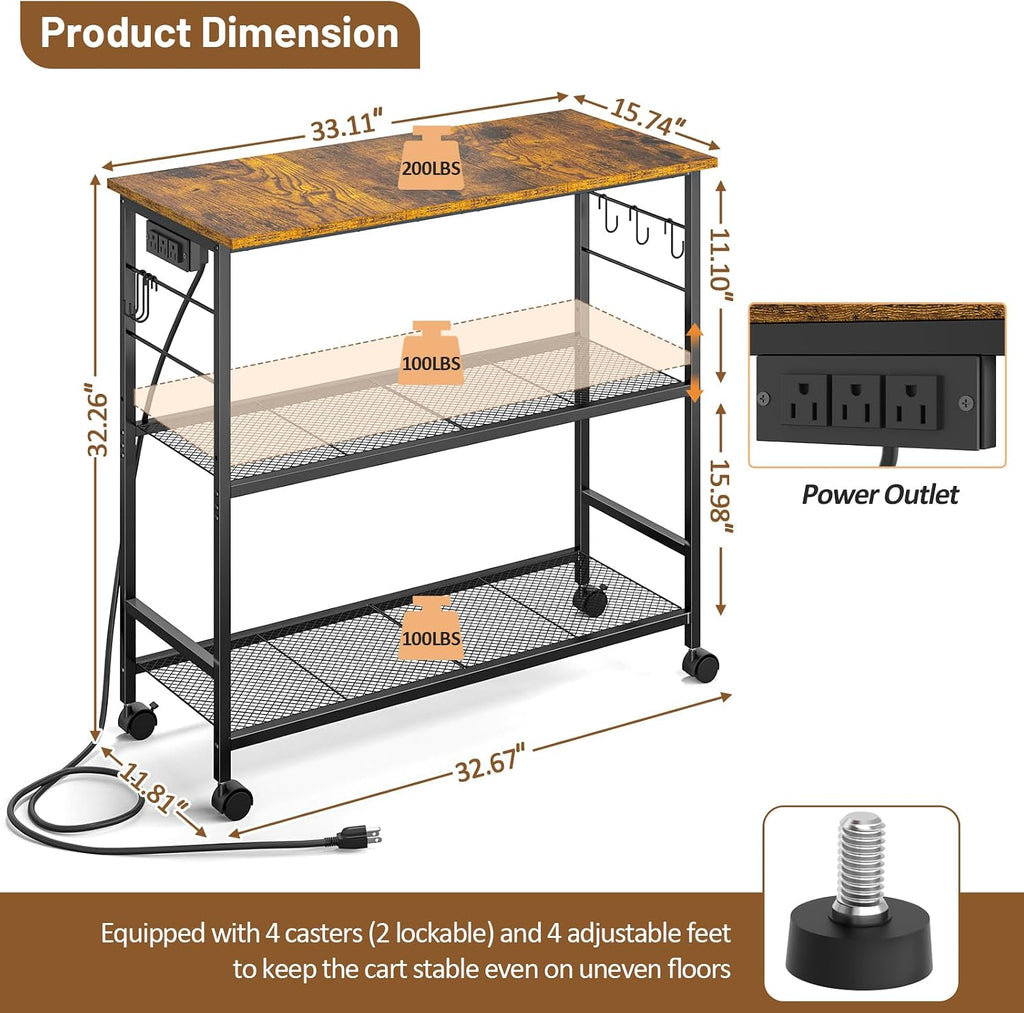 3 Tier Rolling Kitchen Microwave Cart with Power Outlet, 33 Inch Microwave Table Stand with Adjustable Shelf, Kitchen Storage Island Utility Cart Bakers Rack Coffee Bar for Living Room, Office