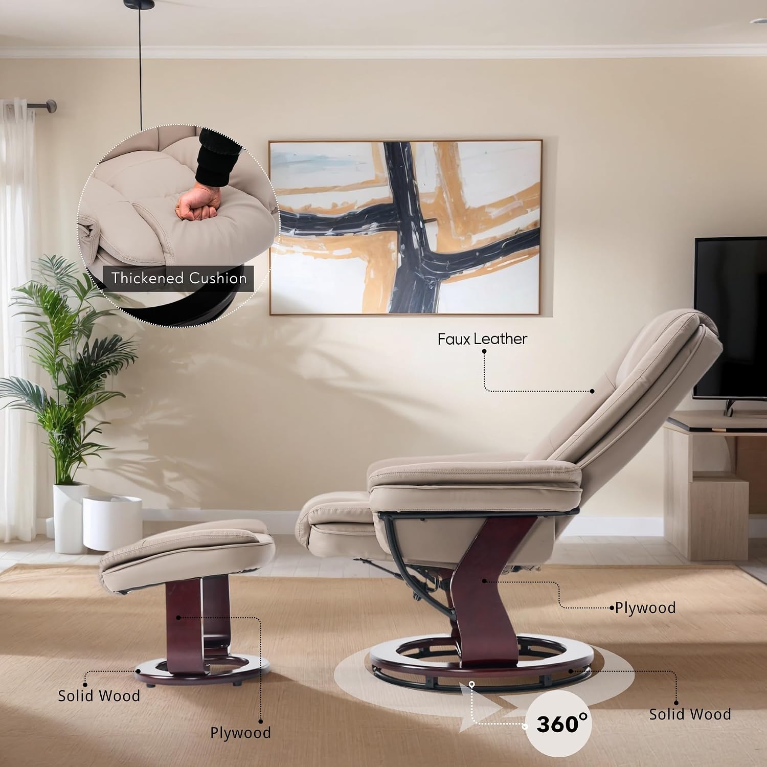 Swivel Recliner Chair with Ottoman Reclining Lounge Sofa Footrest, Set of 2 | 360°Sturdy Wood Base, Soft Faux Leather, Upholstered Ultra-Plush Foam, Modern Armchair, Living Room Bedroom Office Reading