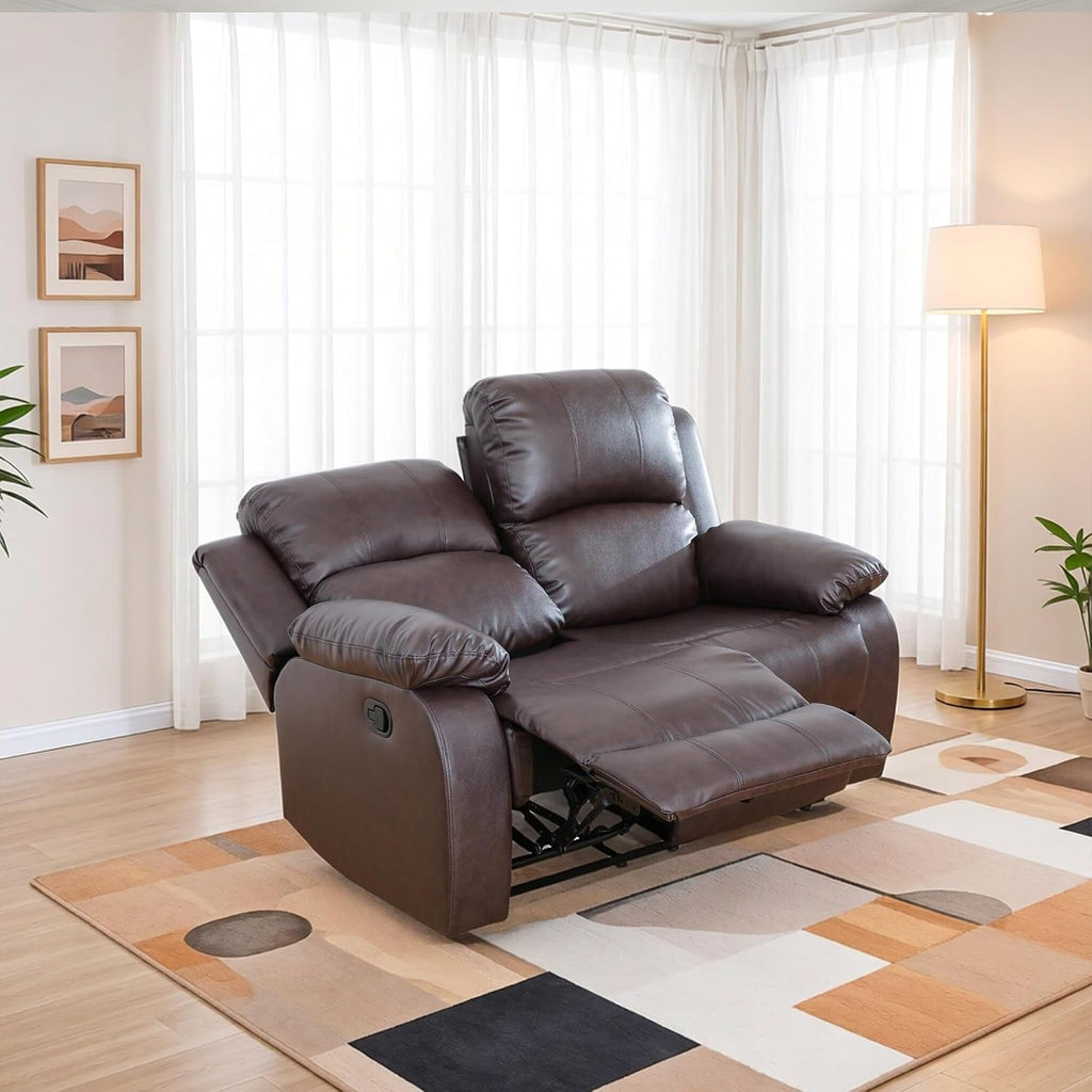 Faux Leather Manual Recliner Sofa Set, 3 Piece Living Room Furniture Set, Loveseat Reclining Couch and 2 Recliner Chairs for RV Home Theater (Brwon)